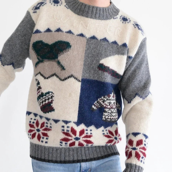 Vintage Muskoka Lakes Grey & Cream 100% Shetland Wool "Winter" Design Size Large - Picture 2 of 13